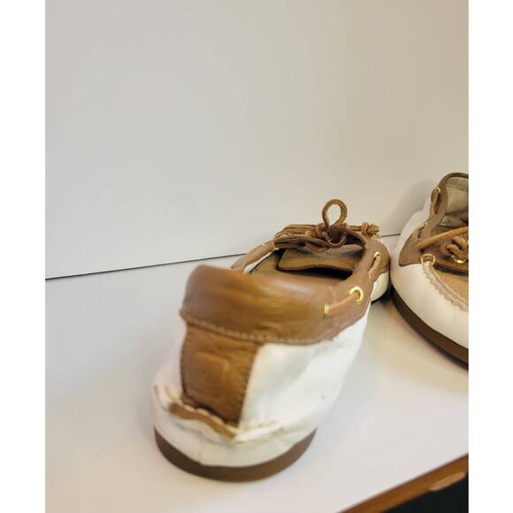 Women's Sperry Top Sider White Leather and Khaki Slip On Boat Shoes US 9.5M - Picture 4 of 8